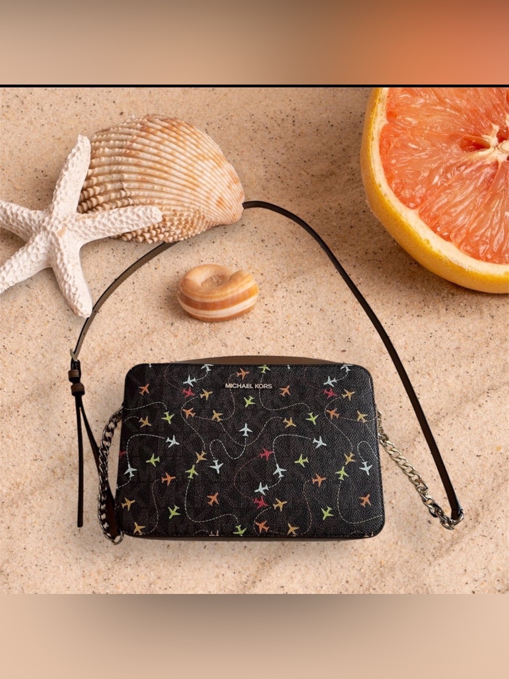 Michael Kors Black Crossbody with Multicolor Airplane Print